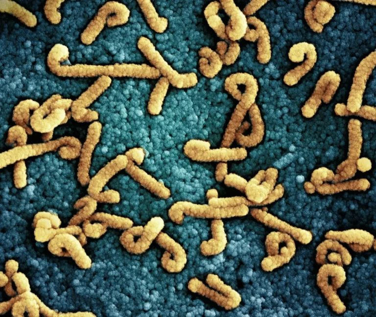 Colored scanning electron microscope image showing clusters of prebiotic fiber structures on the surface of gut epithelial cells.