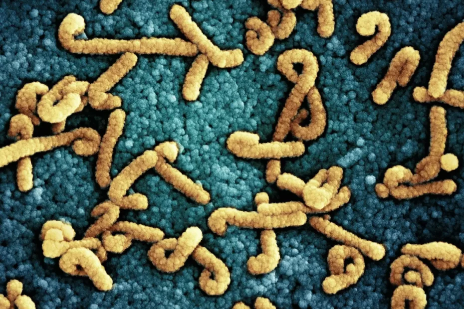 Colored scanning electron microscope image showing clusters of prebiotic fiber structures on the surface of gut epithelial cells.