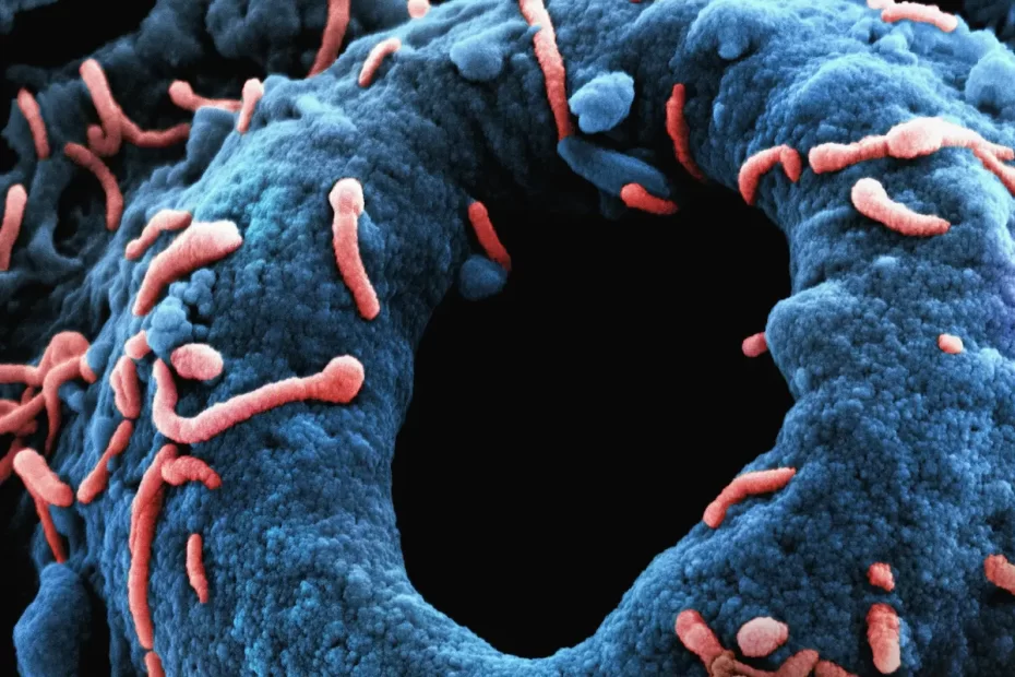 A colorized scanning electron micrograph showing a dark blue, textured, ring-like structure, likely a host cell, being surrounded and interacted with by numerous reddish-orange, rod-shaped bacteria or viruses, depicted at a microscopic level against a black background.